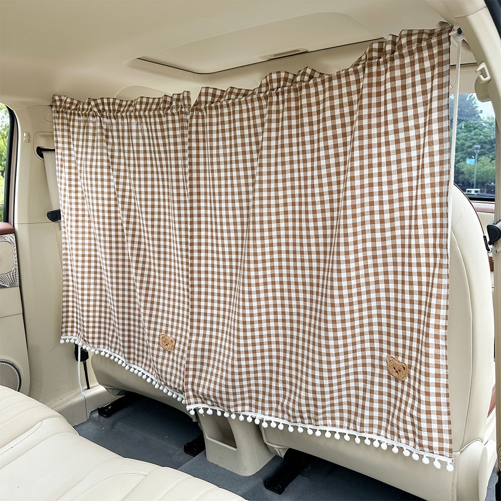 [더알파/차박커튼] 차량용 햇빛가리개 대형(2p)+커튼밴드 / 전차종+트렁크 설치가능 / 곰돌이 체크무늬, 커피색, 1개 19,900원