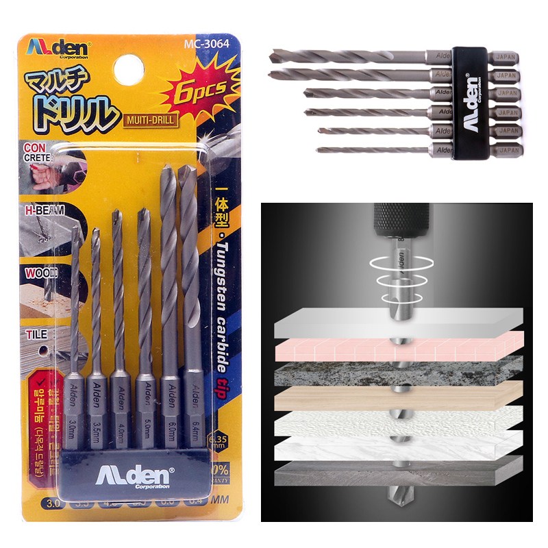 일본산 육각 멀티 만능 드릴 비트 세트 6PCS 셋트 3 3.5 4 5 6 6.4 mm 복합재 피스 기리 빗트 날 콘크리트 철판 스틸 아크릴 FRP 목재 타일 대리석 6종 SET, 1세트 38,450원