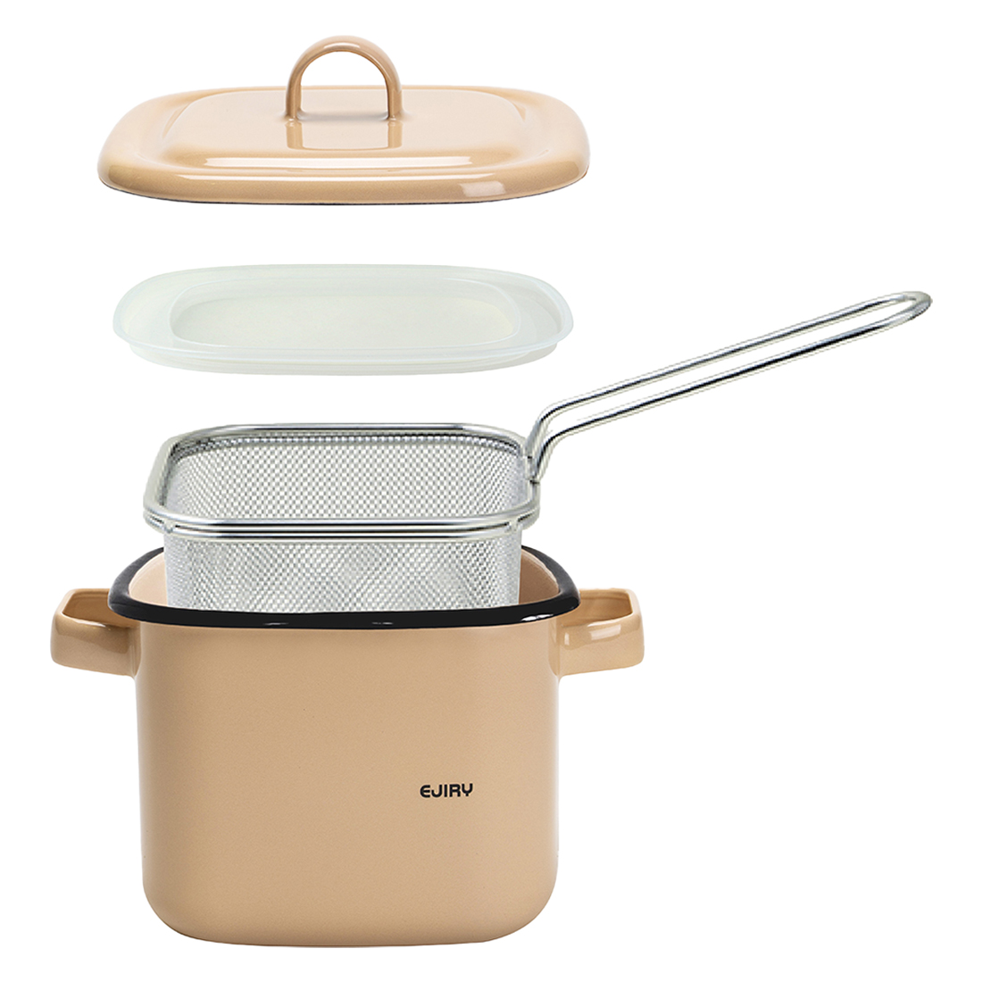 에지리 인덕션 레모 법랑냄비 스퀘어팟 + 튀김망 세트, 14cm, 탄베이지, 1세트 82,000원