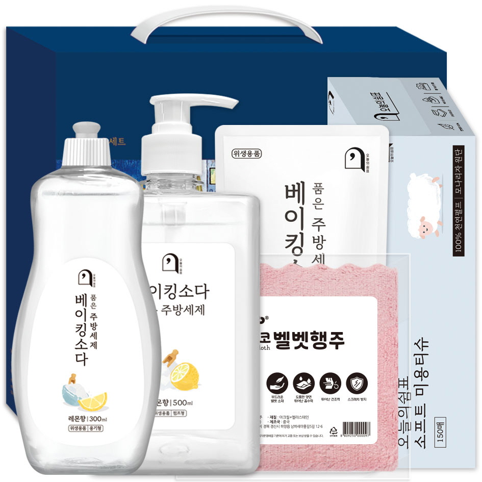 오늘의쉼표 세제 선물세트 답례품 베이킹소다 레몬 58호 (주방세제 3P+각미용티슈+벨벳행주), 1개 8,530원