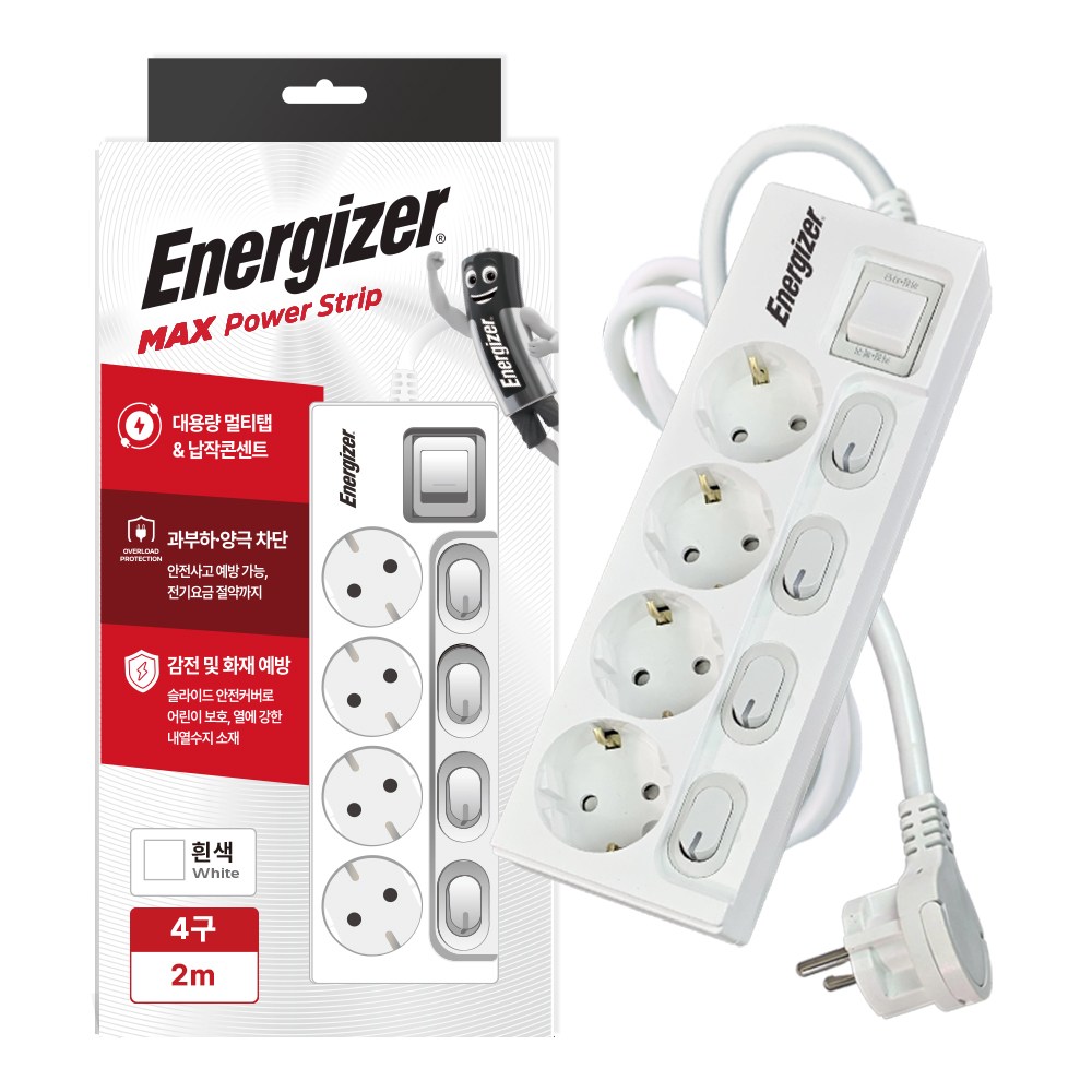 에너자이저 개별스위치 멀티탭 고용량 4구 납작플러그 과부하차단 16A, 화이트(개별스위치 4구), 1개, 2m, 현재가 29,700원