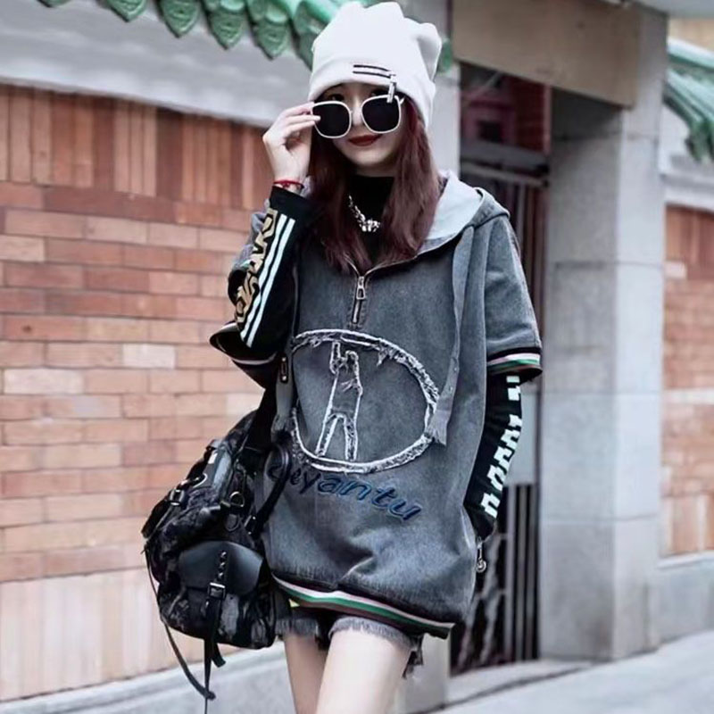 여자 봄 가을 데님 후드 티셔츠 빈티지 루즈핏 자수 후드티 여성용 풀오버 상의 YXF 42,680원