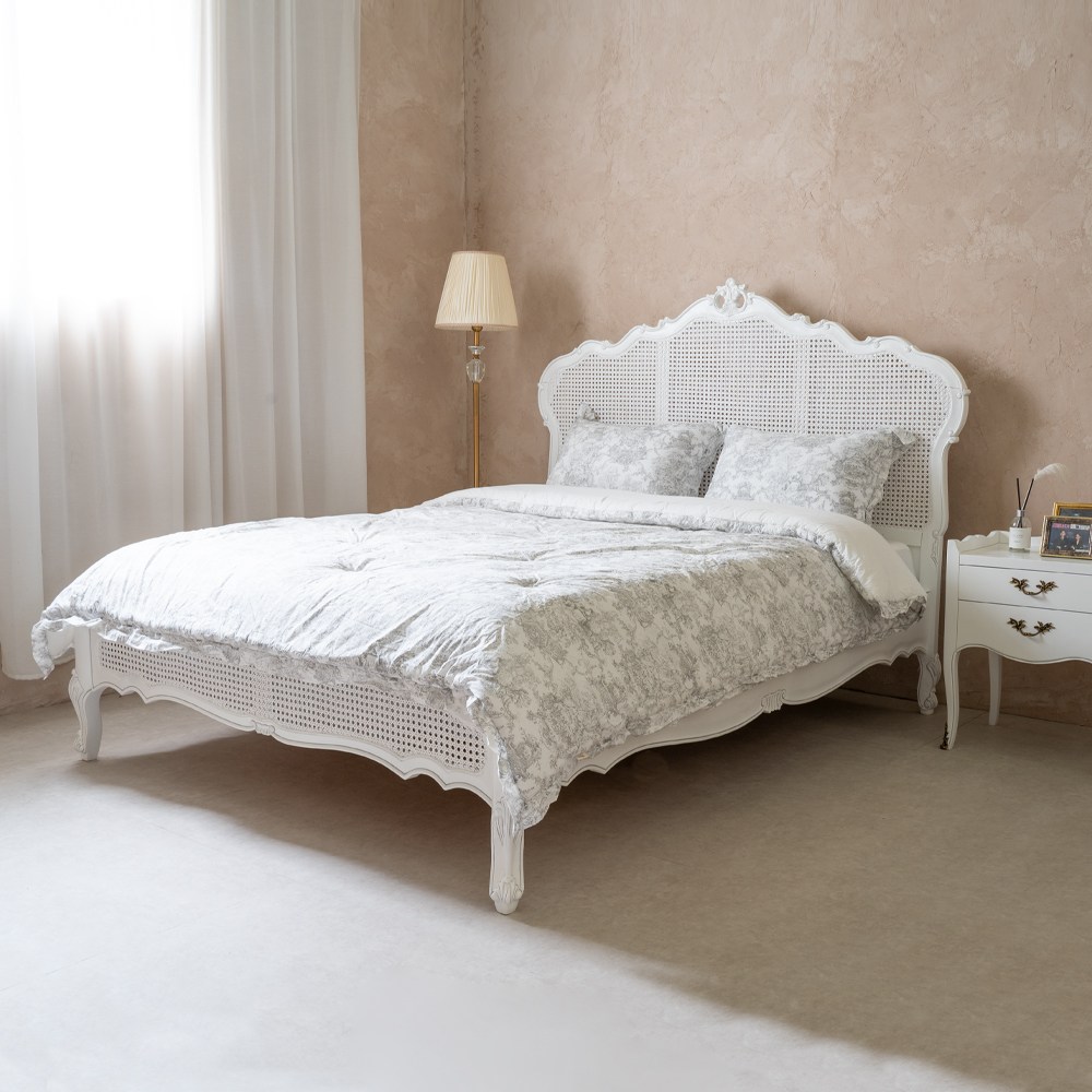 소피아엘렌 엘리제 프렌치 원목 라탄 엔틱 침대 프레임 Q, 빈티지 화이트 1,392,000원