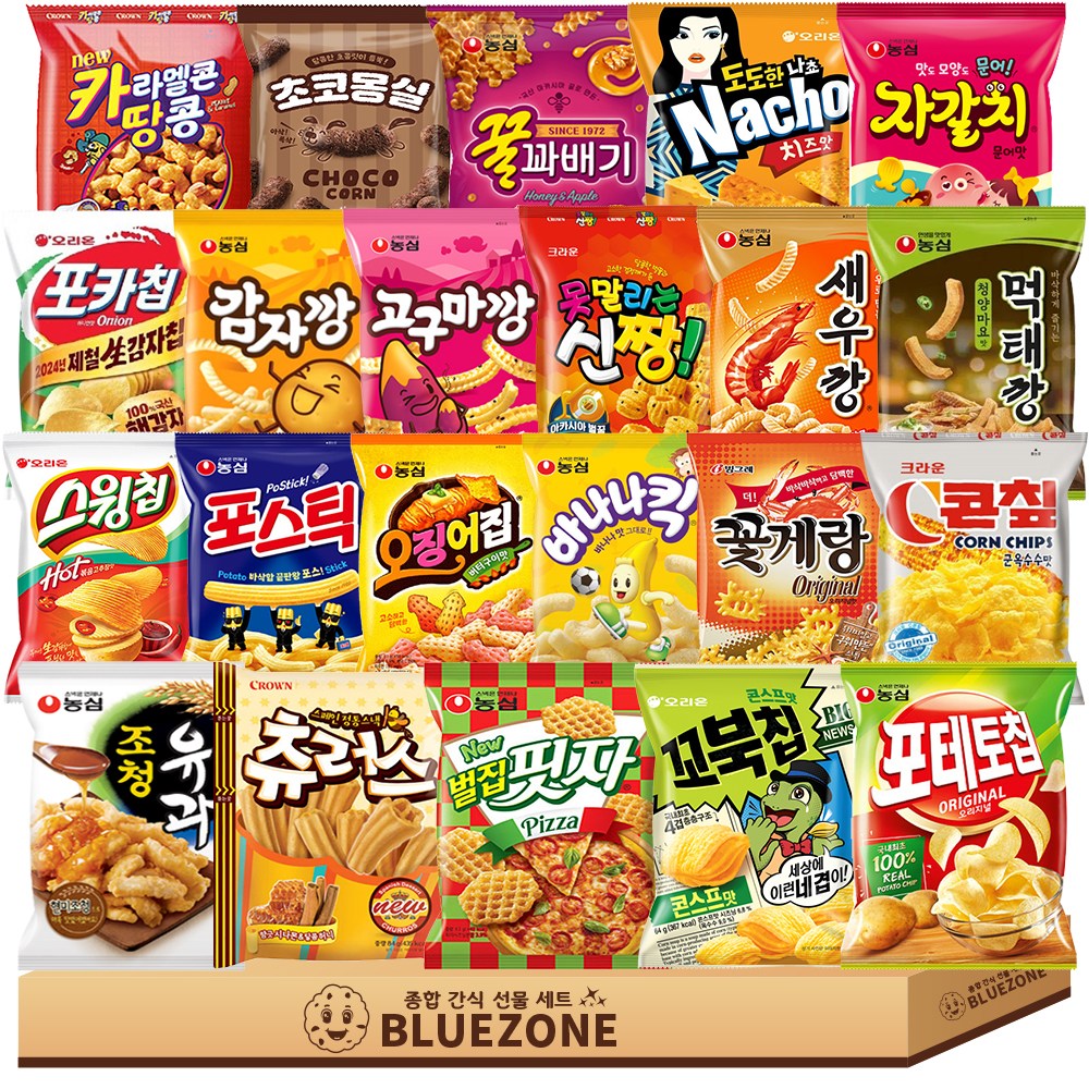 정량 인기스낵 새우깡1 감깡1 고깡1 자갈1 포스1 오집1 바나킥1 나초1 포카1 스윙1 꼬북1 꽃게1 콘칲1 신짱1 카땅1 꿀꽈1 조청1 먹태1 츄러스1 포테토1 벌집1 몽실1, 22개, 90g 38,900원