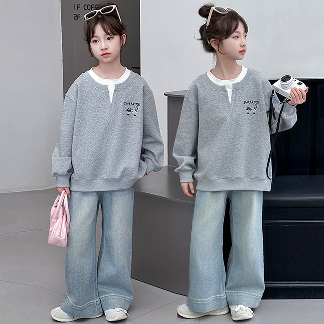 나나키즈 여아 봄 가을 주니어 상의 초등생 하의 세트 초중생 IWEARTOO 고양이 캐릭터 페이크레이어드 맨투맨 긴팔 데님 긴바지 초등생 상하세트 (Q1025) 44,800원