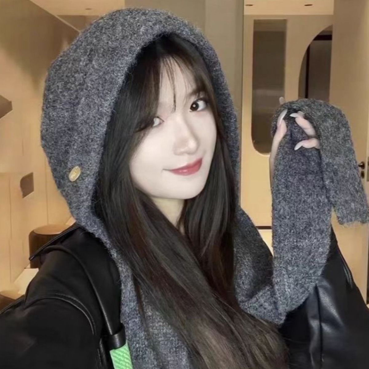 폼오라 얼굴작아보이는 여성 바라클라바 후드 넥워머 청순 패션 방한모자 울니트, 그레이, 1개 14,500원