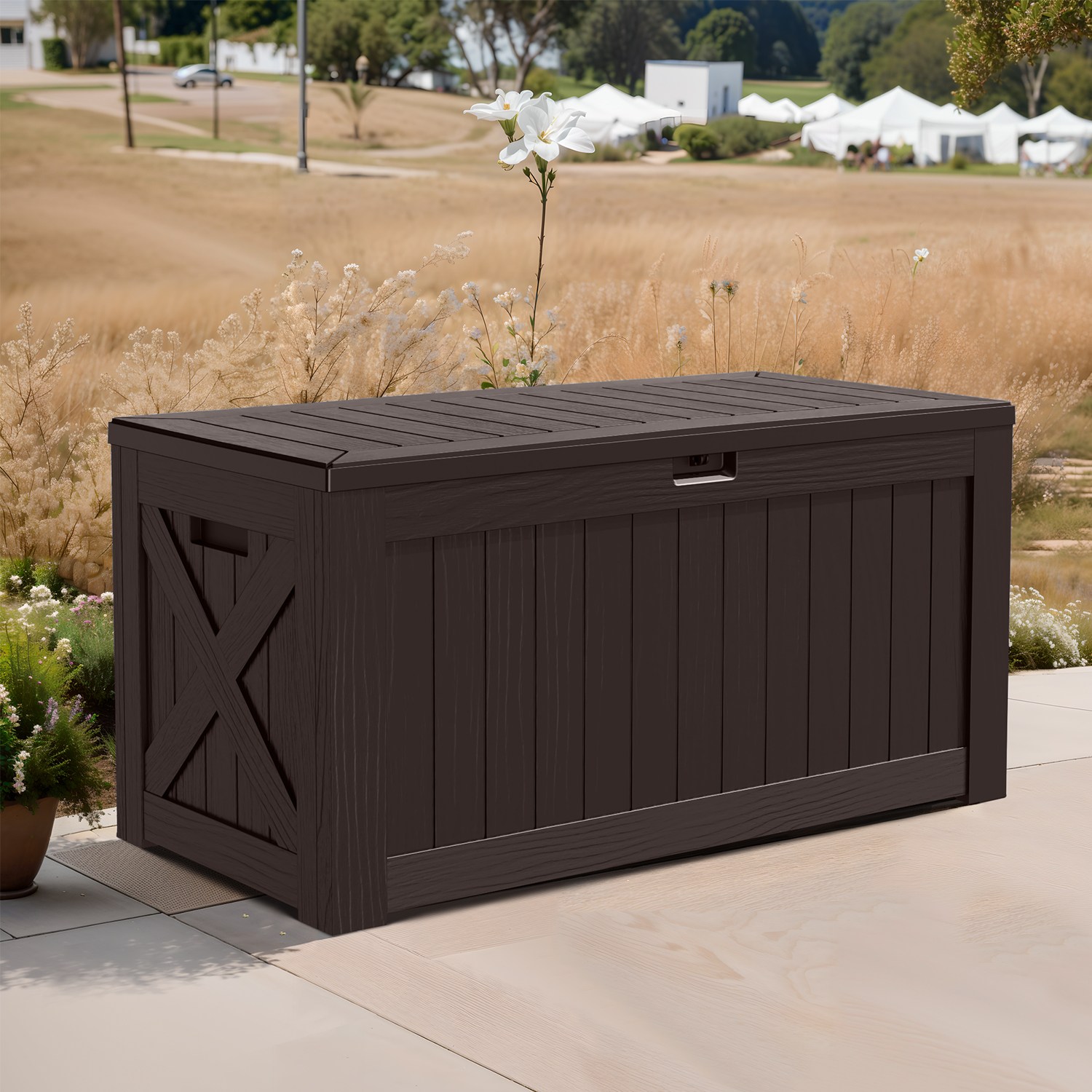Homall 호몰 아웃도어 실내 데크박스 수납벤치 플라스틱 다용도 정원정리 야외보관함 캠핑수납 450L, 1개, 브라운 126,890원