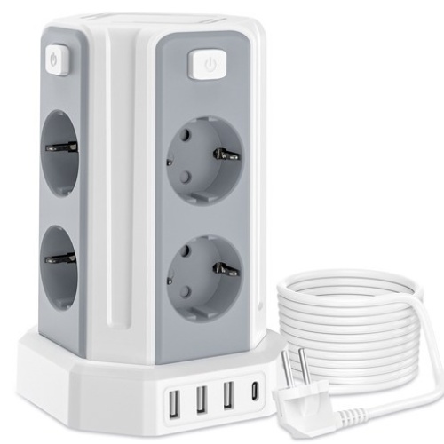 과부하차단 USB 타워 멀티탭 - 블랙 - 3M 전선 - USB 멀티탭 12구 (8소켓 3*USB-A 1*USB-C),KC 인증서 취득, 하얀색, 1개, 3m 65,000원