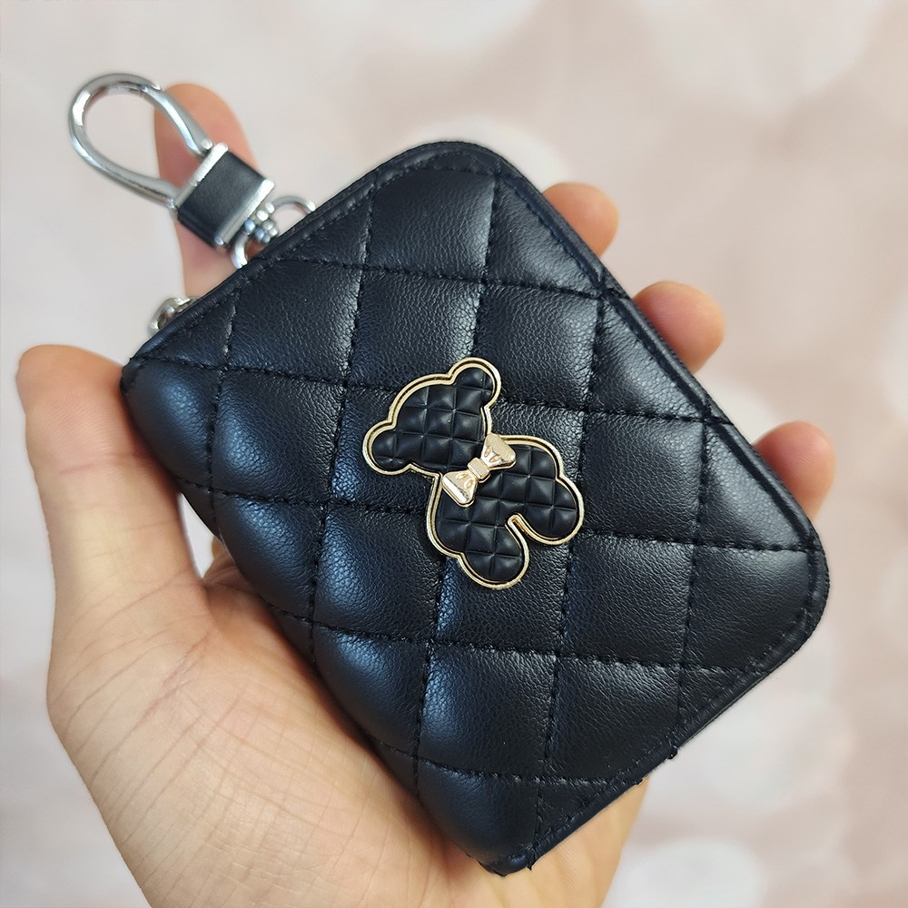 퀼팅 가죽 테디곰 스마트 자동차 키지갑 차키지갑 QTECAK, 블랙 24,900원