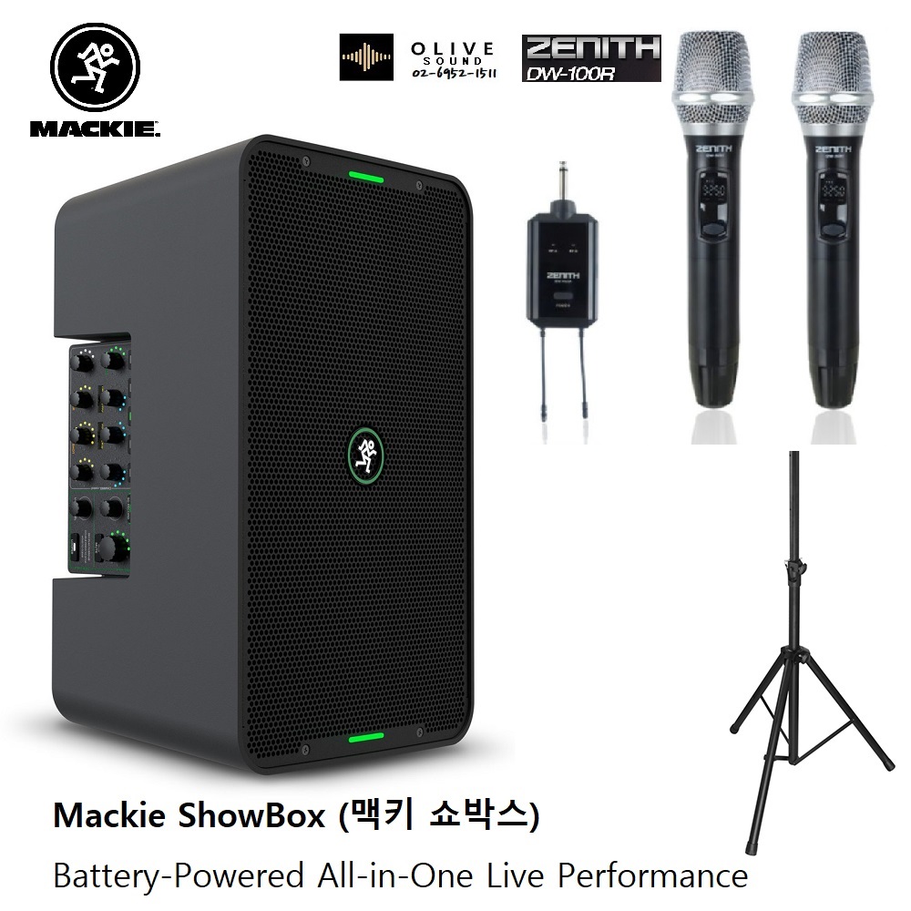 [MACKIE 맥키쇼박스 세트03] SHOWBOX 충전식블루투스스피커 + 제닉스 DW100R 듀얼 무선핸드마이크2개 + ST206 스피커스탠드1개 1,450,000원