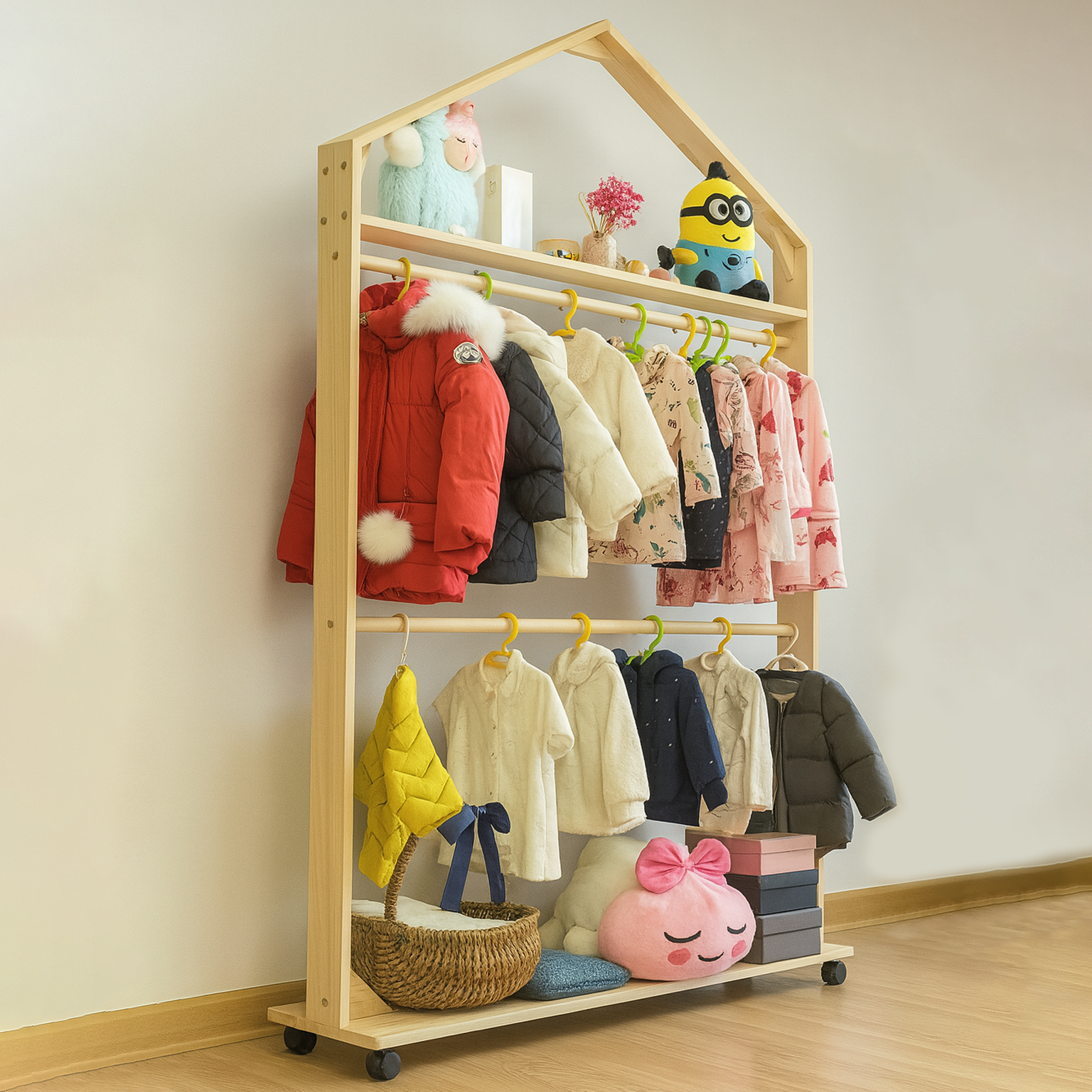 심비오시스 이동식 원목 아기옷 행거 스탠드, 2단 행거 190cm 99,990원