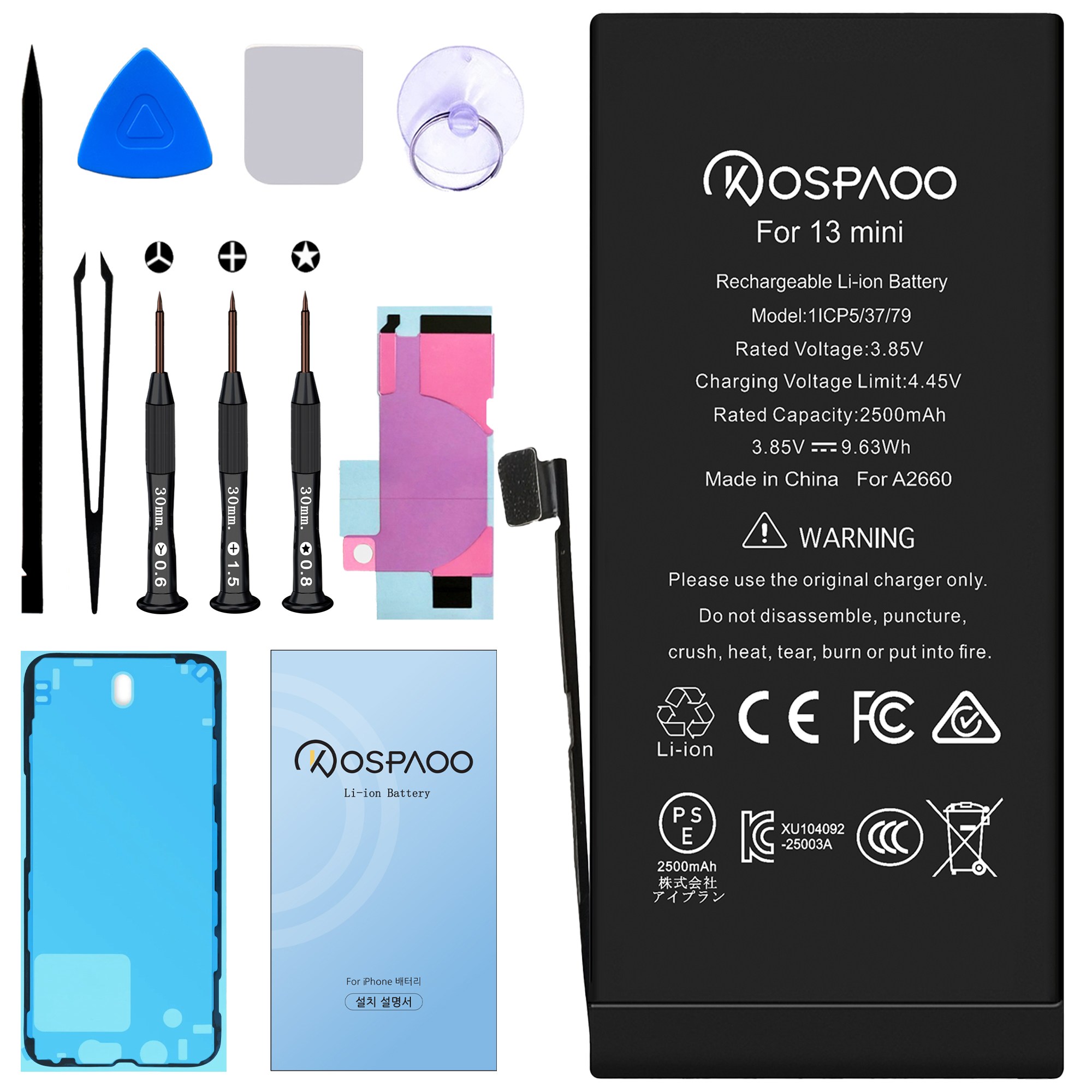 For iPhone 13 mini 배터리 대용량2500mAh 증가 폭3.9% A2660배터리 한국어 설명서 KC인증 Li-ion Battery (For Tool), 1개, iPhone 13 mini 배터리，분해 도구 포함 31,500원