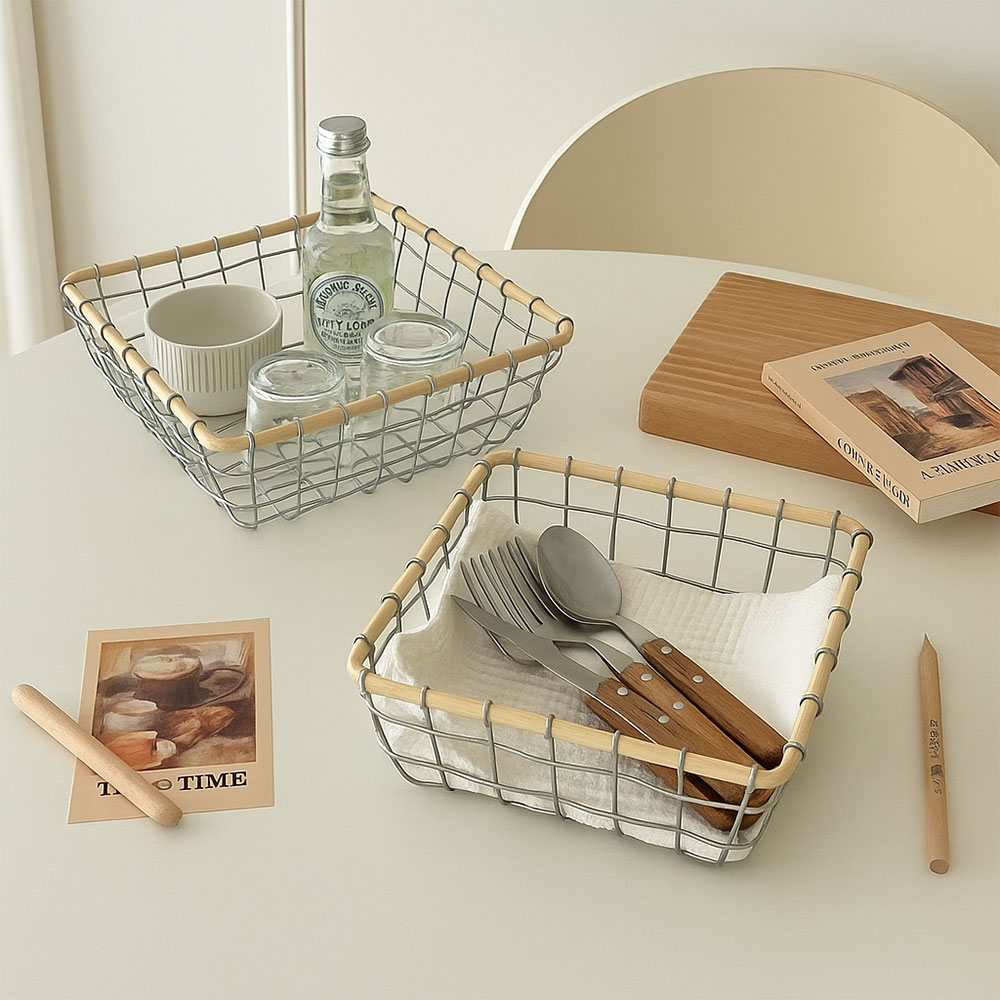 도르리 라탄와이어 바스켓 사각 철제 과일바구니 약통 속옷 화장품 정리함 소형 + 대형, 철제, 2개 23,800원