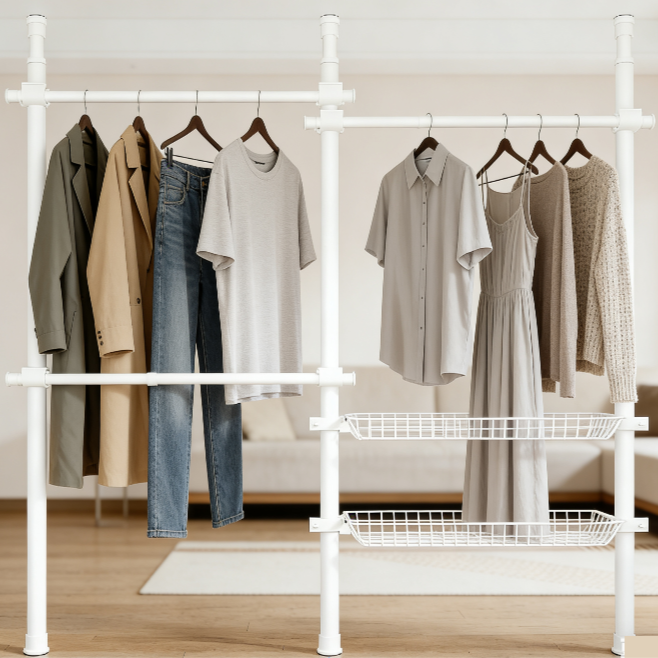 [국내브랜드]라온리빙 옷걸이 옷방 정리 드레스룸 철제 조립식 시스템 행거 3단 바구니형 55,600원