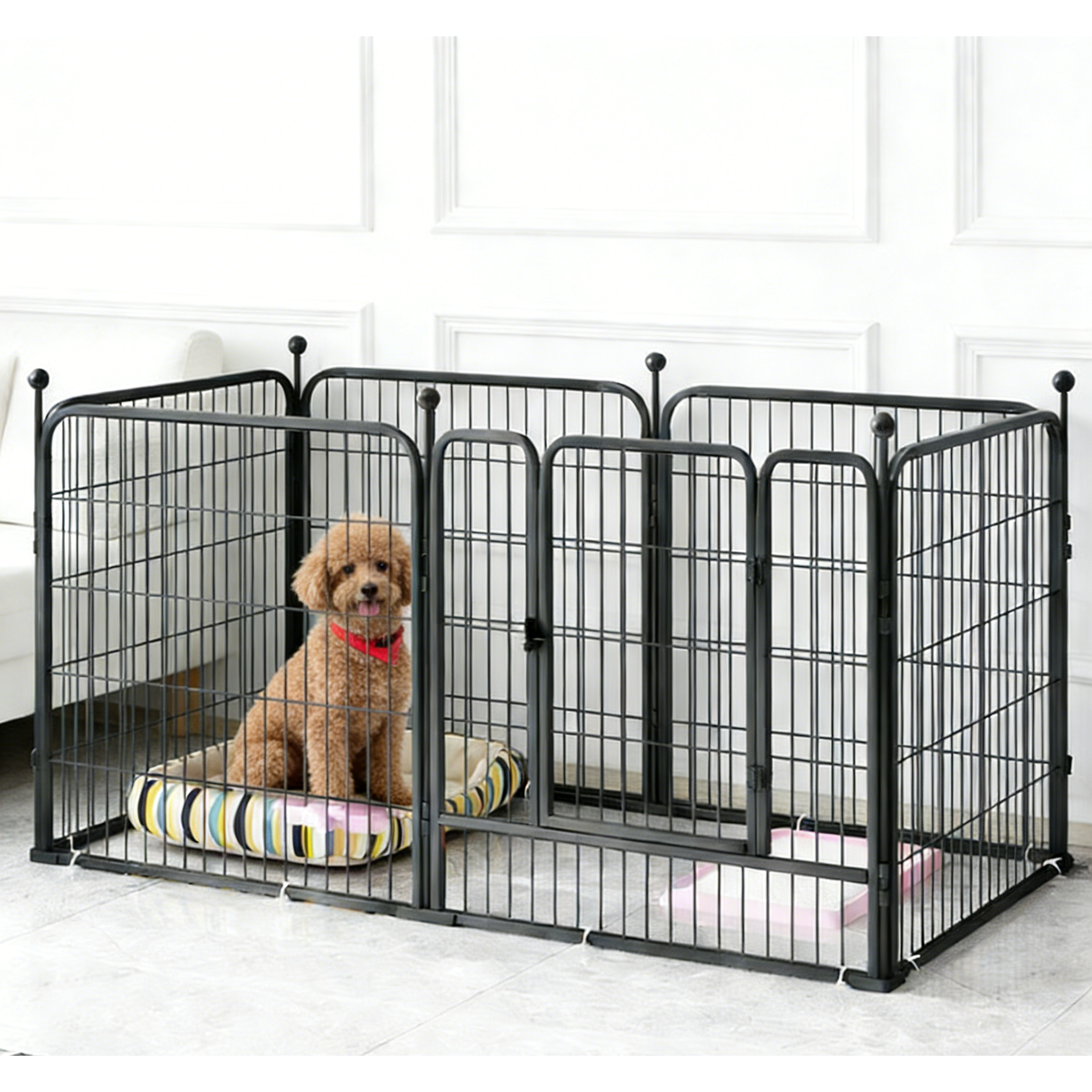 리빙가감법 반려동물 고품질 대형견 울타리 튼튼한 메탈 안전한 논슬립 자동 잠금 애견 펜스 대형 울타리, 1세트, 블랙 44,400원