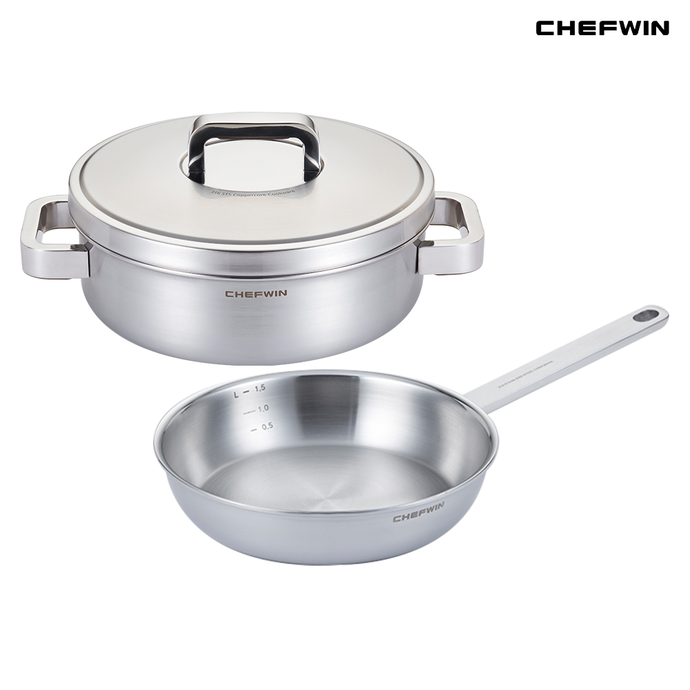 [쿠팡 단독 최저가] 쉐프윈 316STS 커퍼코어 프리미엄 통5중 22cm 쏘테후라이팬 +24cm 전골냄비 309,600원