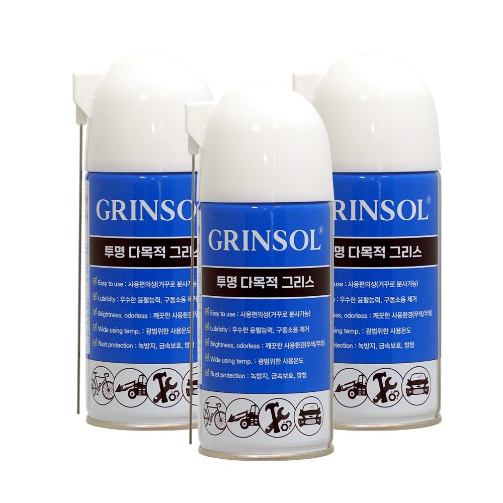 세트 3개 그린솔 윤활그리스 360ml 다목적 뿌리는 구리스 내열 윤활 방청 투명스프레이 13,550원