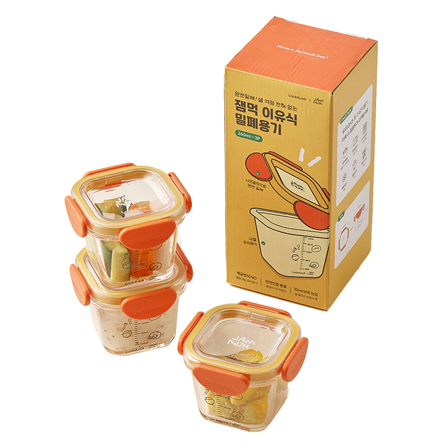 잼먹 완전결착 이유식 밀폐용기 사각형, 260ml, 오렌지, 3개 24,800원