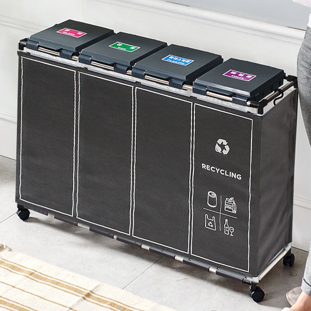 도매링크 재활용 분리수거함 커버세트_재활용커버 부직포커버 스탠드 스티로폼 비닐 페트병 플라스틱 가정용 대형 분리배출 수거대 쓰레기통 대용량, 분리수거함 4단 블랙 커버세트, 1개 39,500원