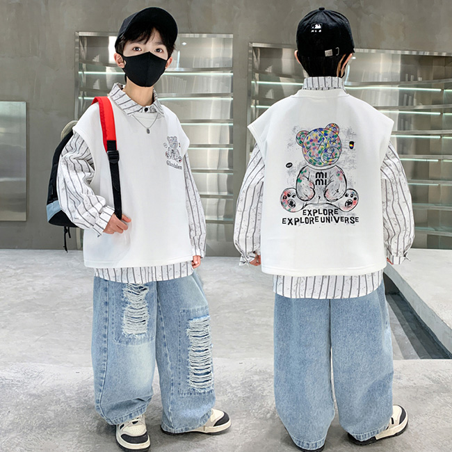 비비키드 초등생 상하의 초중생 상의 하의 조끼 3종 초등생 주니어 의류 세트 남아 NIGTH PAPYT 레터링 페인팅 긴팔 데님 긴바지 봄 가을 상의+하의+조끼 세트 (2501) 44,800원