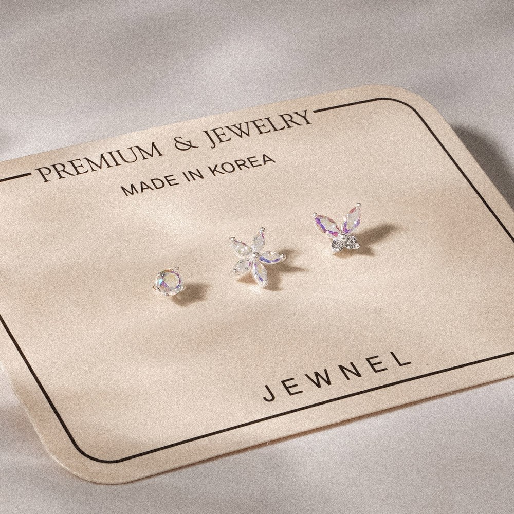 쥬넬 Silver925 오로라 큐빅 꽃과 나비 포인트 피어싱(3종) 38,200원