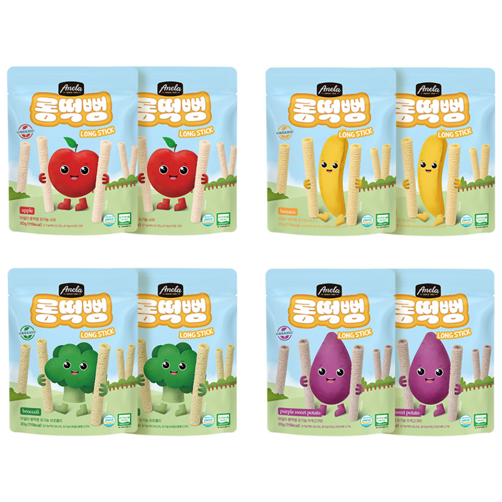 아넬라 유기농 롱떡뻥 롱스틱 4종 x 2p 세트, 혼합맛(사과/바나나/브로콜리/자색고구마), 30g, 1세트 19,900원