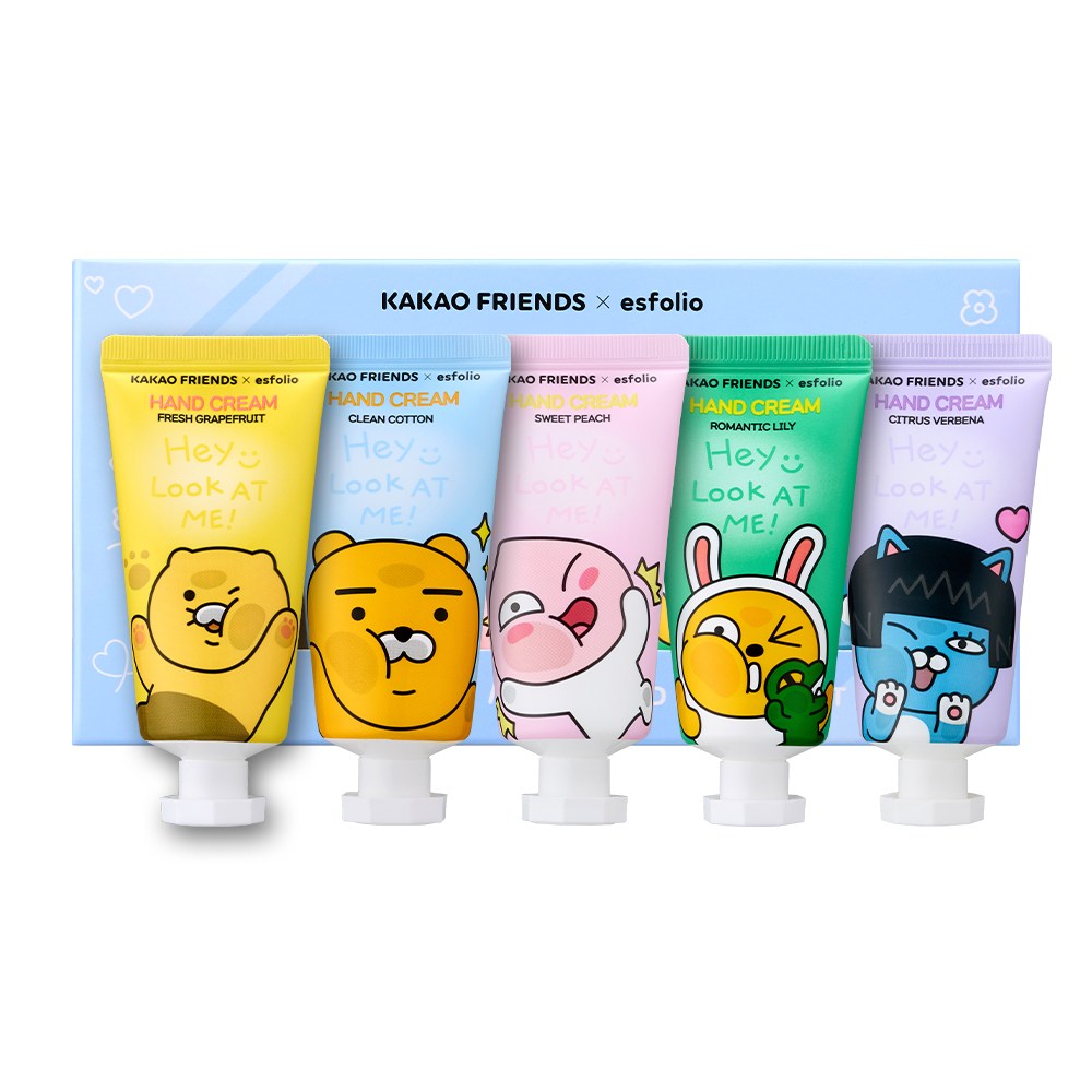 카카오프렌즈X에스폴리오 룩앳미 핸드크림 5종 세트 (그레이프프르츠/클린코튼/스위트피치/로맨틱릴리/시트러스버베나) 14,000원