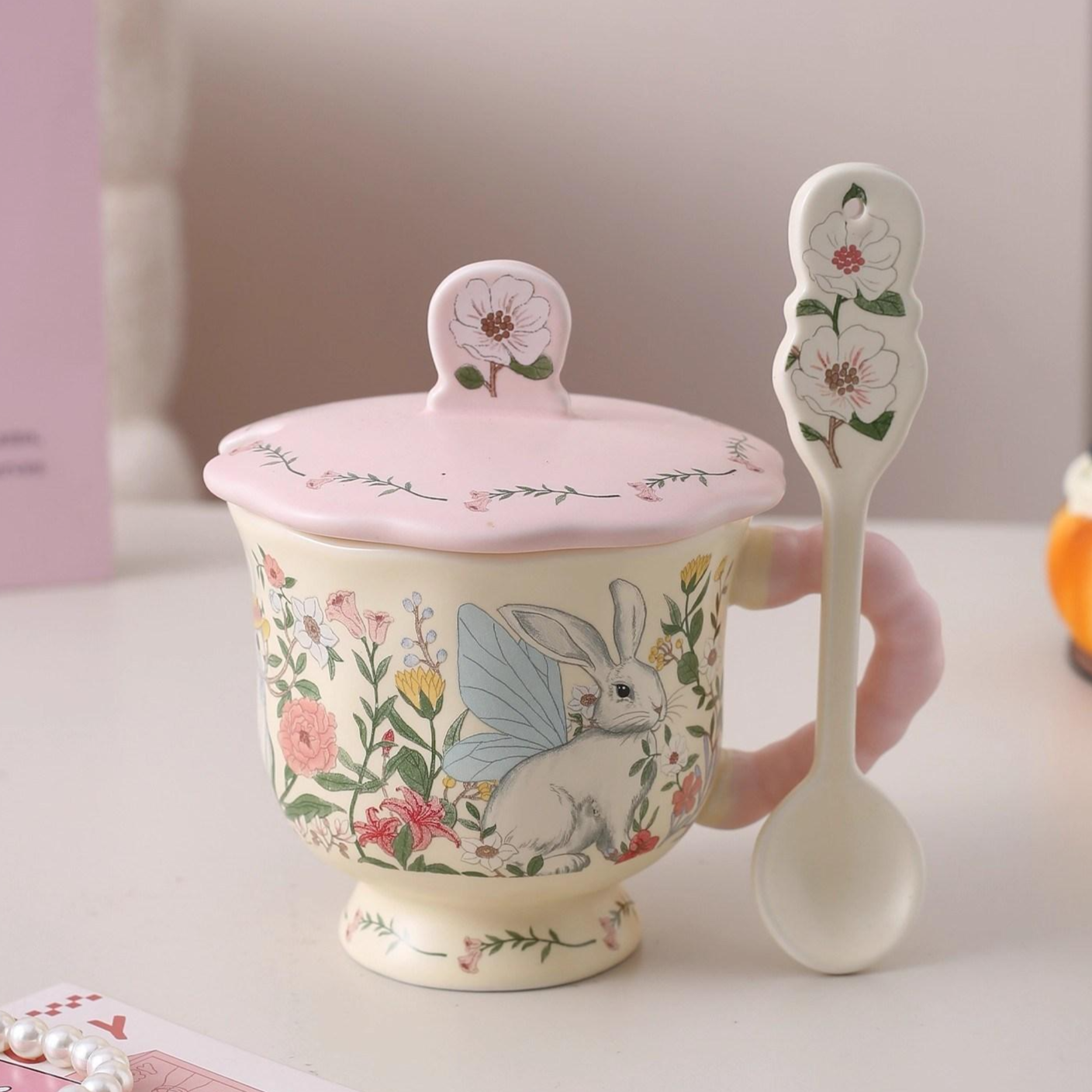 민민 북유럽 빈티지 꽃무늬 커피잔 사무실 플라워 머그컵 세트, 3번 토끼 380ml, 1세트 19,800원