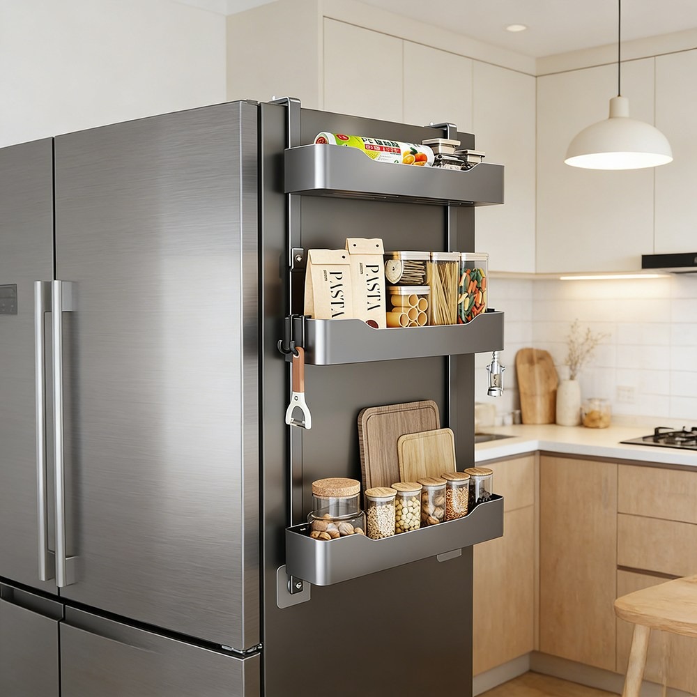 Alemon 철제 무타공 냉장고옆수납걸이선반 냉장고틈새수납장 선반, 검은색, 1개 24,500원