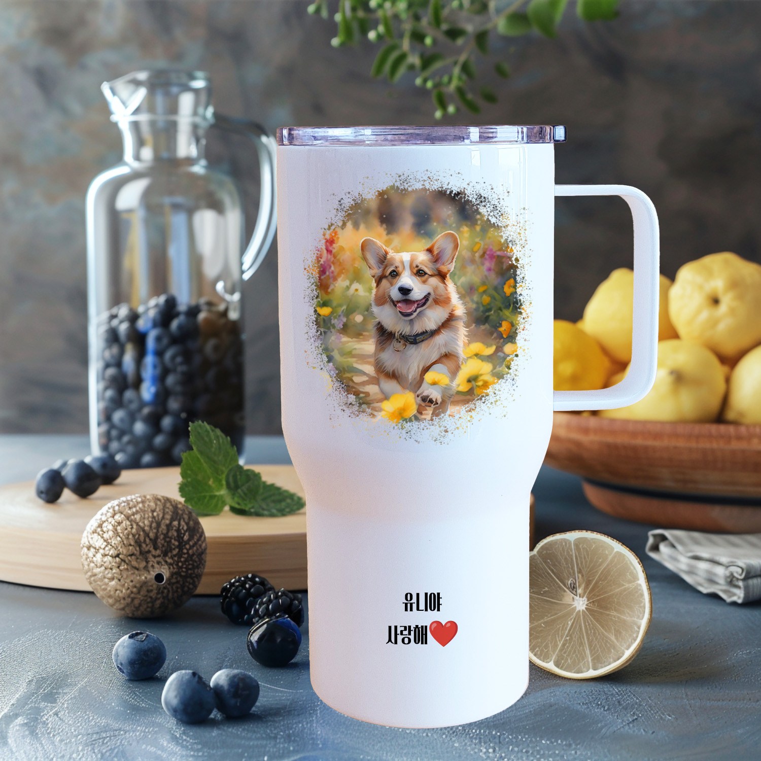 유니뮤즈 주문제작 반려동물 수채화 텀블러 대용량 650ml 강아지 고양이 초상화 손잡이 45,300원