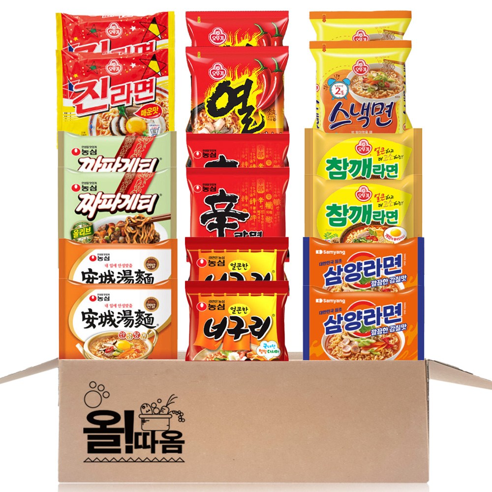 오뚜기 농심 삼양 봉지라면 9종 기획세트 1호(짜파게티2+스낵면2+참깨2+너구리2+삼양2+진라면매운2+열라면2+신라면2+안성2), 1개 22,980원