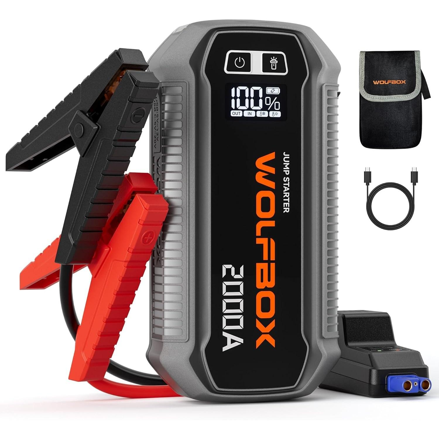 WOLFBOX 자동차 점프스타터 보조배, 12V ,12000mAh 배터리 점프 스타터 휴대용 LED 디스플레이+스마트 점프 케이블+ 파 우치백, 1세트, 1개입 72,000원
