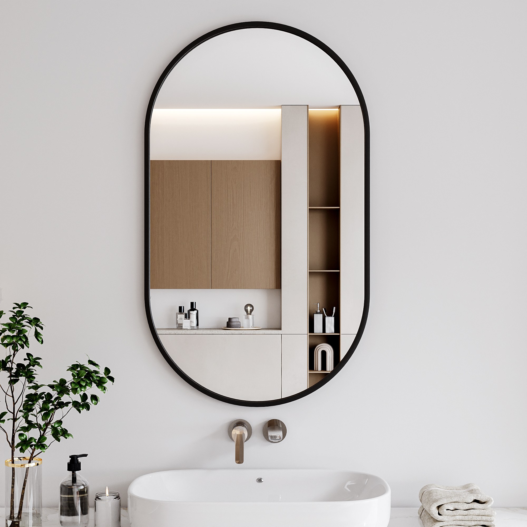 뷰티피크 타원형 벽거울 화장대거울 욕실거울 강화안전유리, 블랙51cm 69,900원