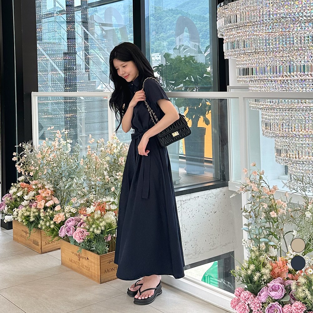 디테일웨어 여성 카라 셔츠 스트랩 롱원피스 면소재 플레어라인 임부복 반팔 원피스 단정한 하객룩 상견례룩 36,600원