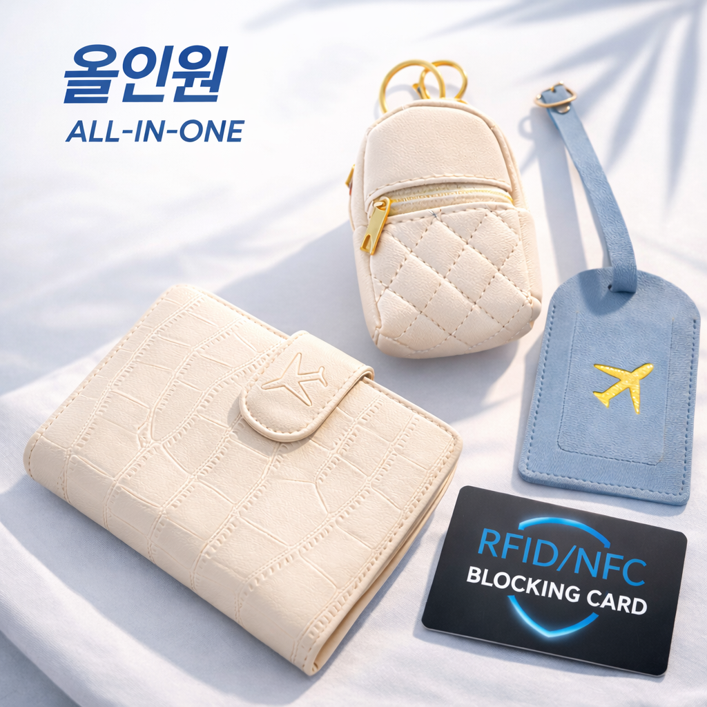 수린 RFID 차단 여권지갑 4종 세트 (동전지갑 + 네임택 + 차단카드 포함) 23,800원