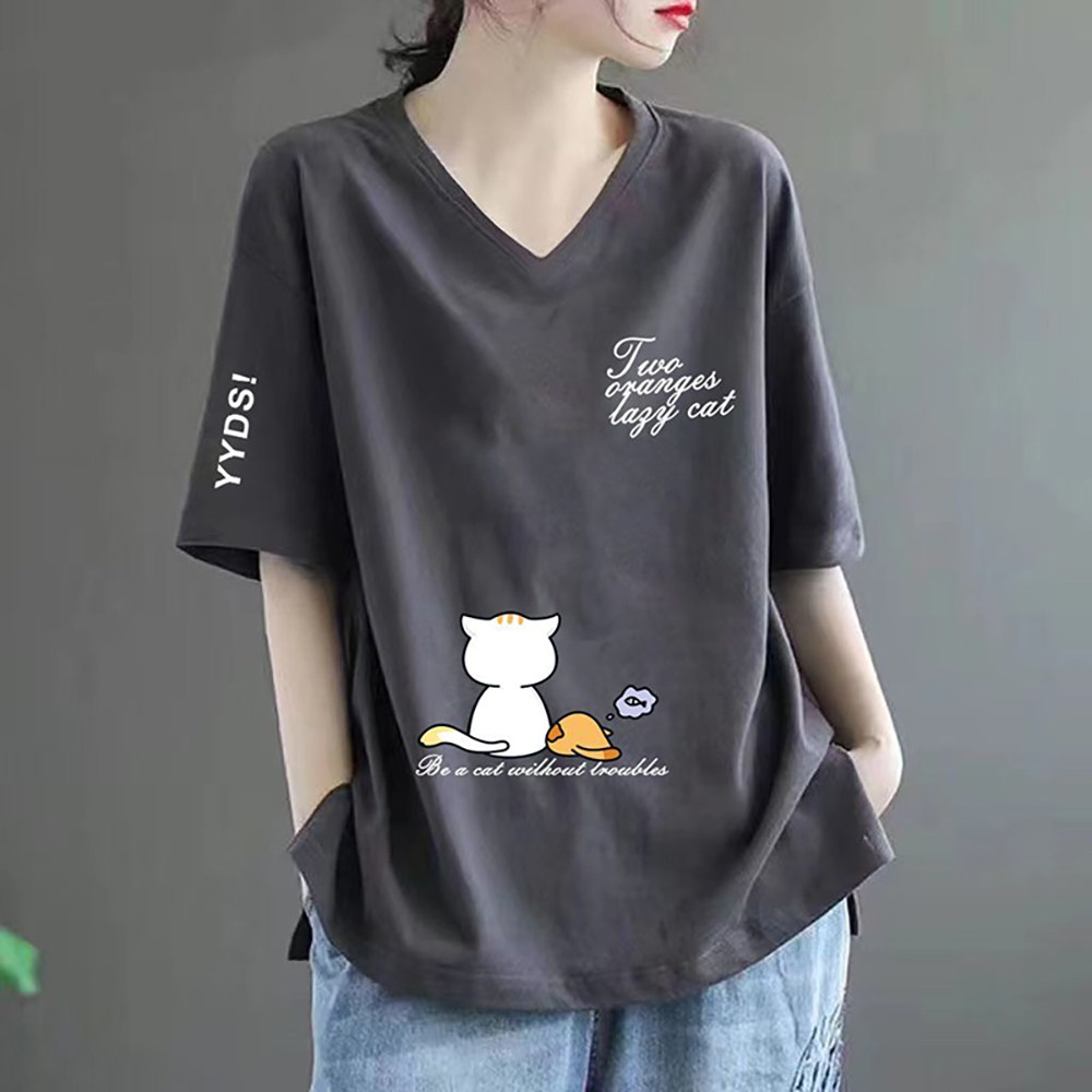 MOSAIRATION 여성 여름 루즈핏 브이넥 귀여운 캐릭터 프린트 캐주얼 데일리 반팔 면 티셔츠 B0050923 14,100원