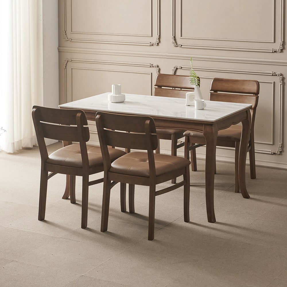 라로퍼니처 프렌치 1300 유광 포세린 통 세라믹 4인 고무나무 원목 식탁 세트 식탁+의자4, 화이트 + 월넛 + 브라운 497,000원