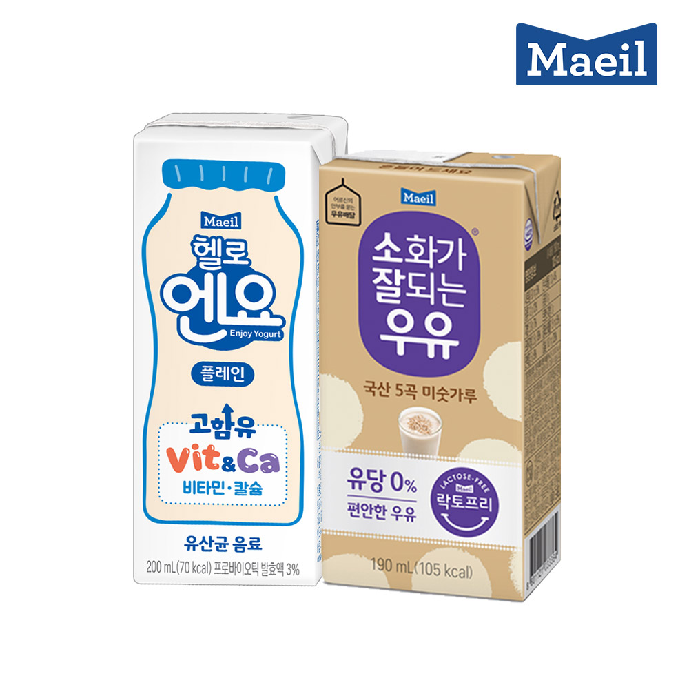 매일유업 헬로엔요 플레인 200ml 24팩 + 소화가잘되는 미숫가루 멸균 우유 190ml 24팩 35,800원