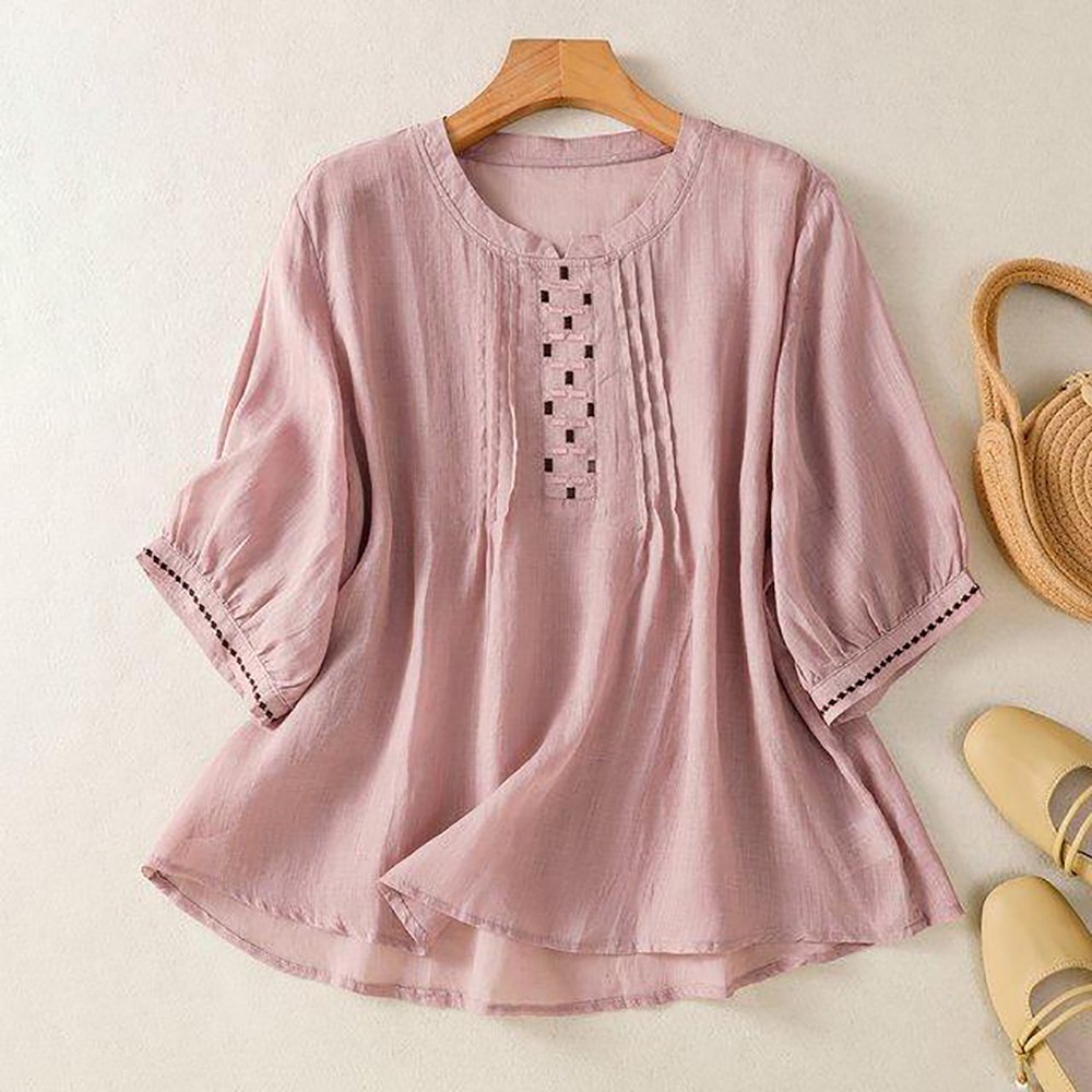 IWMAFT 여성 봄 여름 여유핏 얇은 면마 블라우스 7부소매 자수 디테일 라운드넥 탑 KT485 25,300원