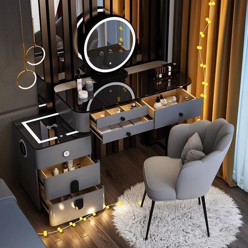 남쪽나무 LED조명 확장형 수납 화장대세트, 회색+스마트 수납장+원형 거울+의자(I) 333,320원