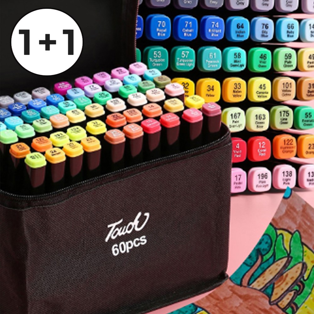 [5시건 당일배송] 1+1 파격할인 더블헤드 트윈마카펜 디자인 마카세트 유성 컬러마커 60색 전문가용, 2개, 60색 17,900원