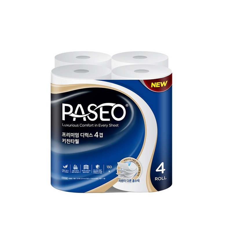 파세오 프리미엄 에어디럭스 도톰한 천연펄프 키친타월 4겹 130매 x 4개입 8개 (총32개) 103,020원