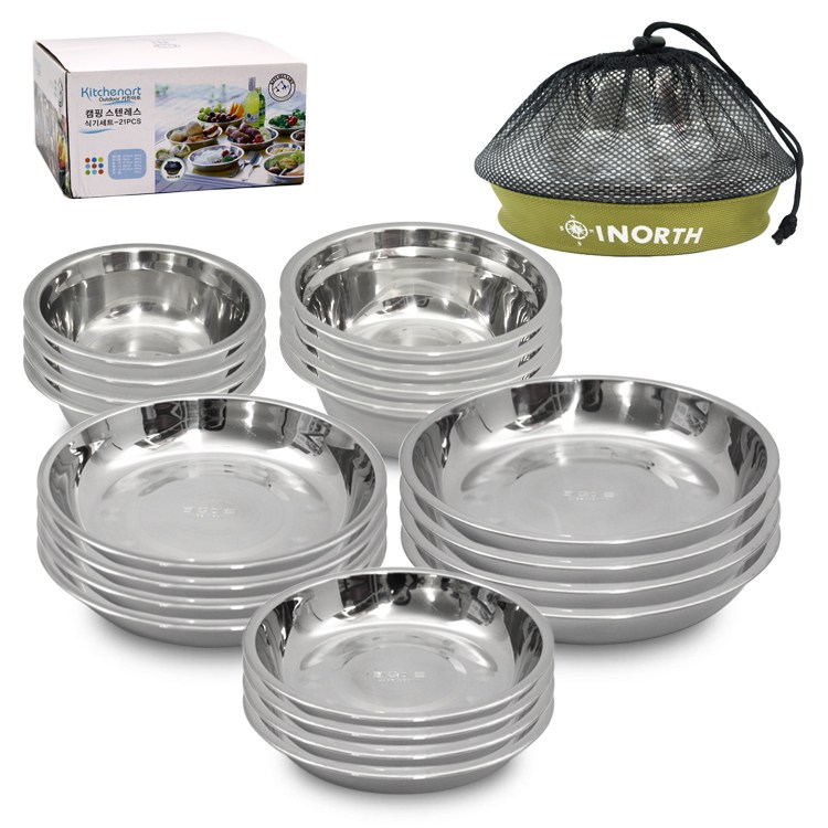 키친아트 캠핑 스텐레스 식기 세트 21p 4인 밥 국 그릇 접시 낚시 야외 취사 용 파우치 가방 포함 45,500원