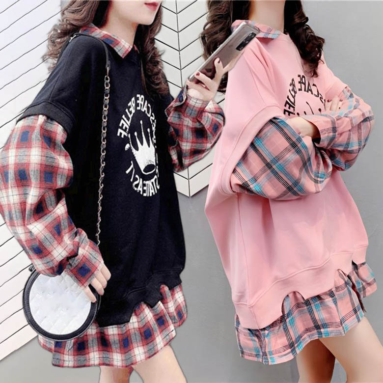 체크 배색 맨투맨티셔츠 봄 가을 맨투맨 빅사이즈 루즈핏 오버핏 긴팔 데일리룩 롱티 여자남방 D99U 22,300원