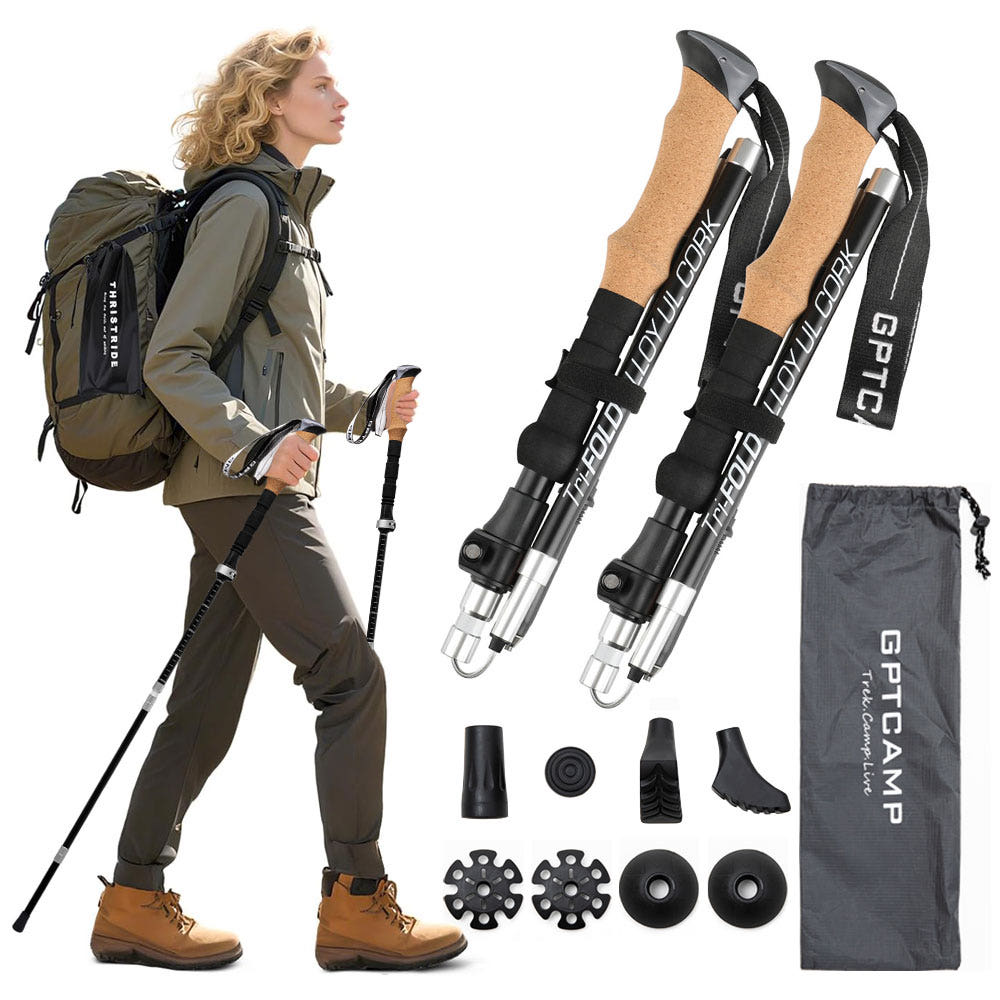 GPTcamp HD3 듀랄루민 7075 초경량 접이식 등산 스틱 트레킹 폴, 1세트, 블랙, 현재가 42,000원