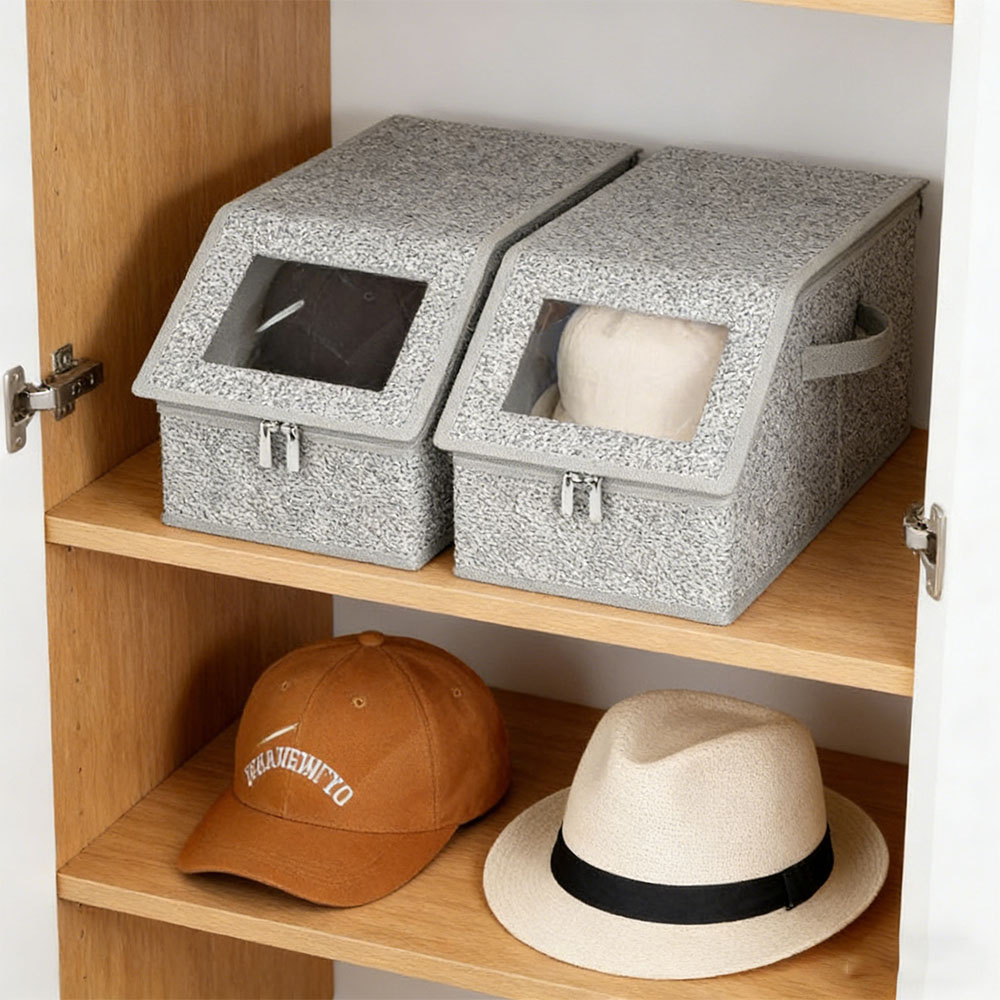 [런런피티] 모자 보관함 접이식 대용량 지퍼 수납박스 방진 투명창 모자정리함 의류정리함, 1개, 그레이 15,800원