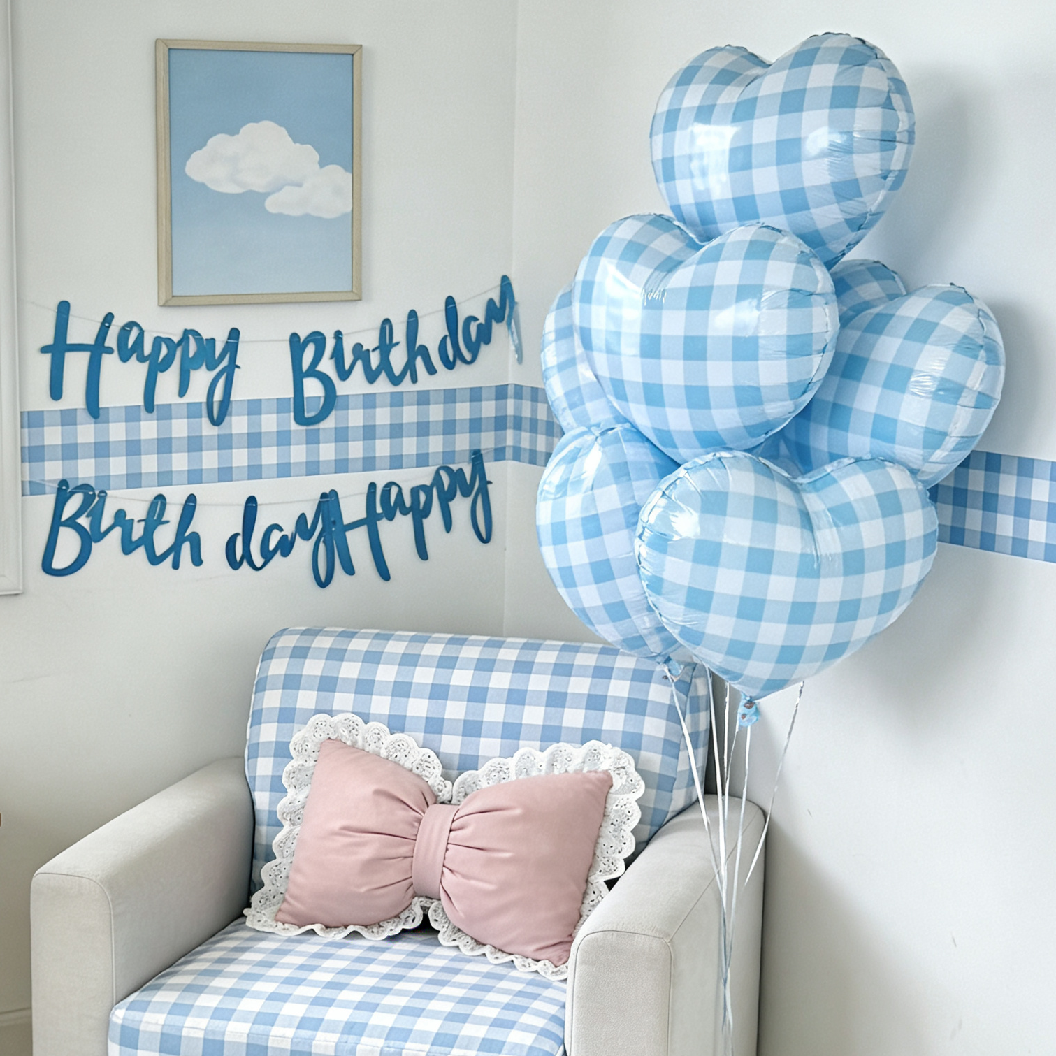 생일 가랜드 풍선 세트 생일파티 용품 1세트, 블루 체크 하트 8p + 가랜드 26,800원