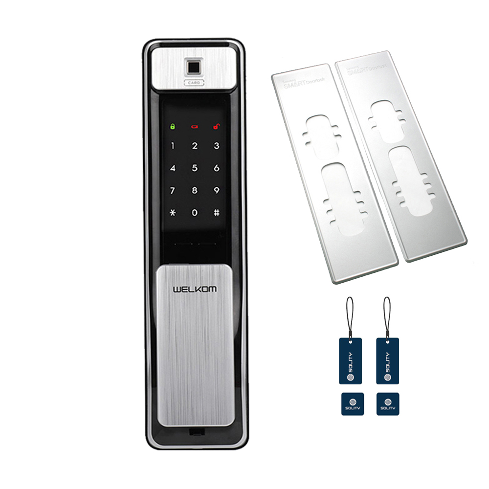 웰콤 푸시풀 디지털 번호키 도어락 WSP2500B + 보강판 2p + 지문인식 카드키 2종 x 2p 세트 189,990원