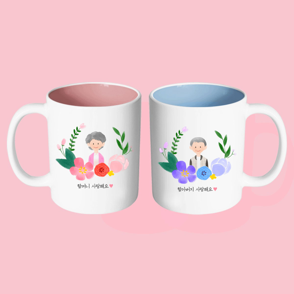 핸드팩토리 파스텔러브 할머니 할아버지 사랑해요 머그컵 2P커플세트+2P선물박스, 블루+핑크 머그컵, 1개 19,900원
