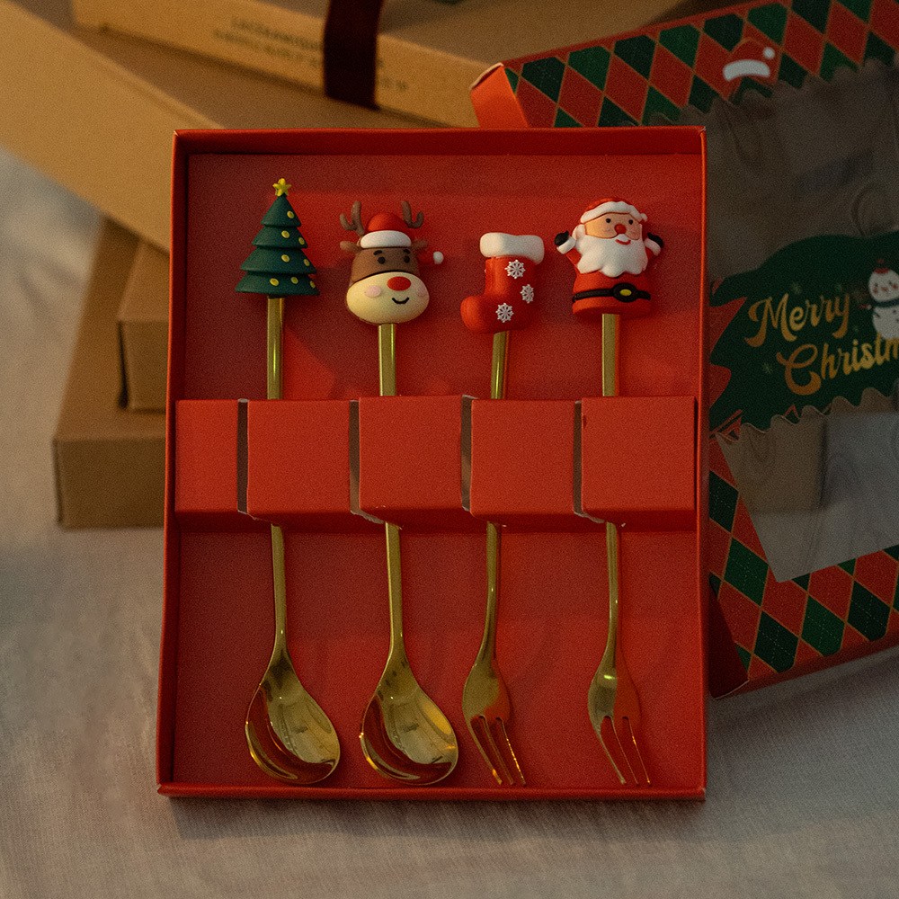 골드 크리스마스 산타 커트러리 티스푼 티포크 4P 선물세트 (2 type) 9,400원